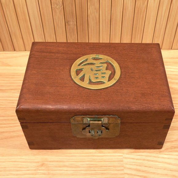 Vintage Chinese Wooden Jewerly Box, Solid Brass Trimmed - Picture 1 of 9